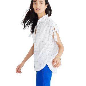 Madewell Blue & White Central Cap Tie-Sleeve Button Down Shirt in Windowpane XS